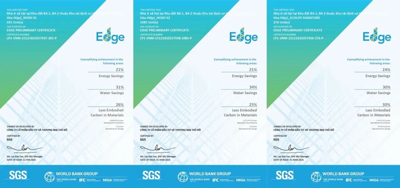 Ba chứng chỉ EDGE giai đoạn thiết kế cấp cho các khối nhà tại Hòa Hiệp 4, Đà Nẵng, do SGS chứng nhận