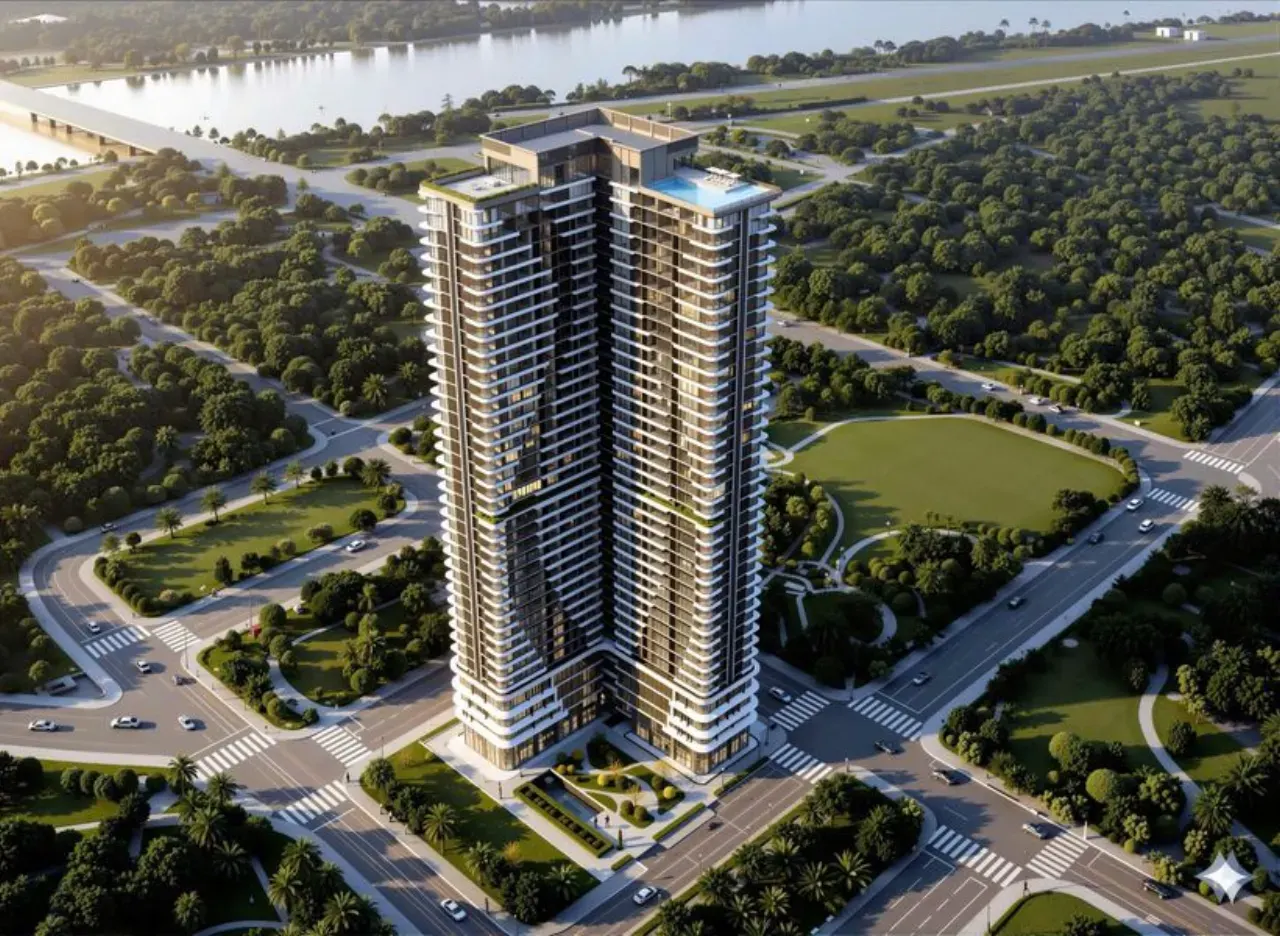 Phối cảnh trên cao Peninsula Private giữa khu đô thị Hòa Cường