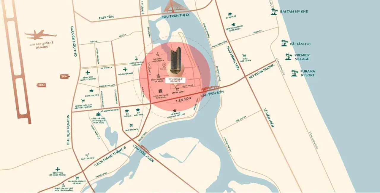 Bản đồ vị trí Peninsula Private, Hòa Cường, Đà Nẵng, gần Lotte Mart và trục Đà Nẵng Downtown
