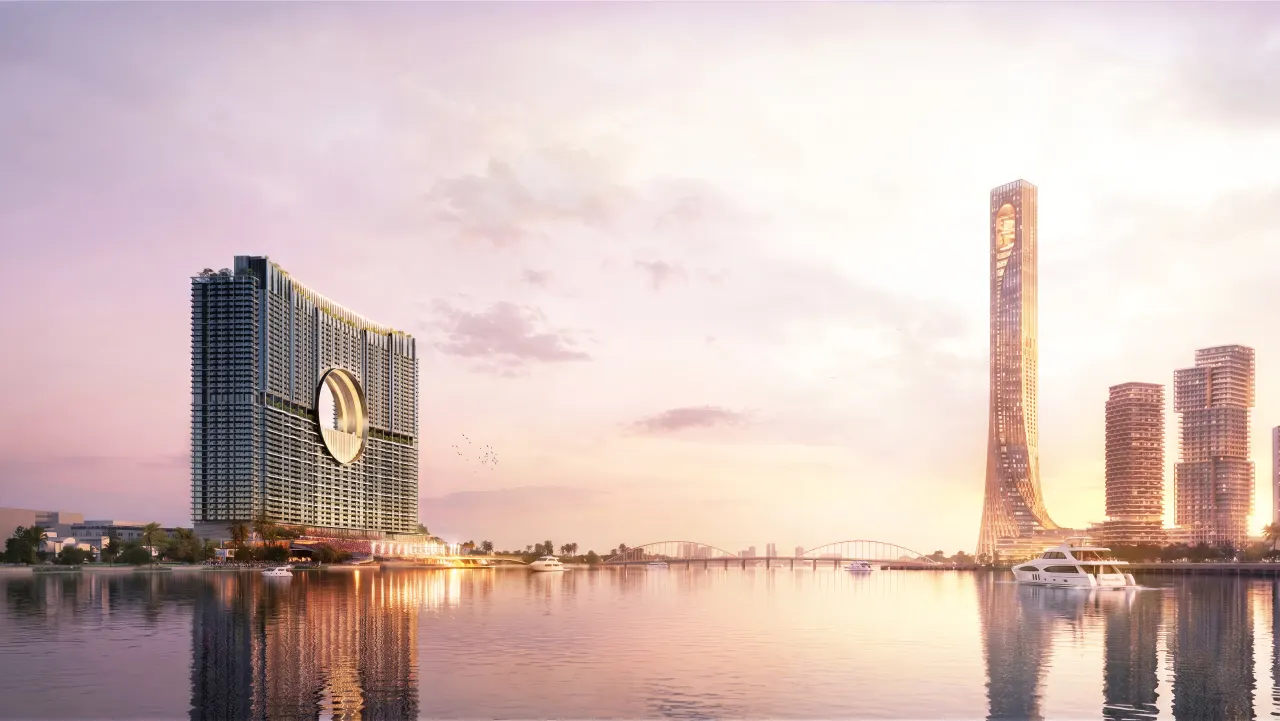 Phối cảnh Sun Galaxy Complex nhìn từ trên cao ven Sông Hàn, khối tháp bo tròn Moon Gate