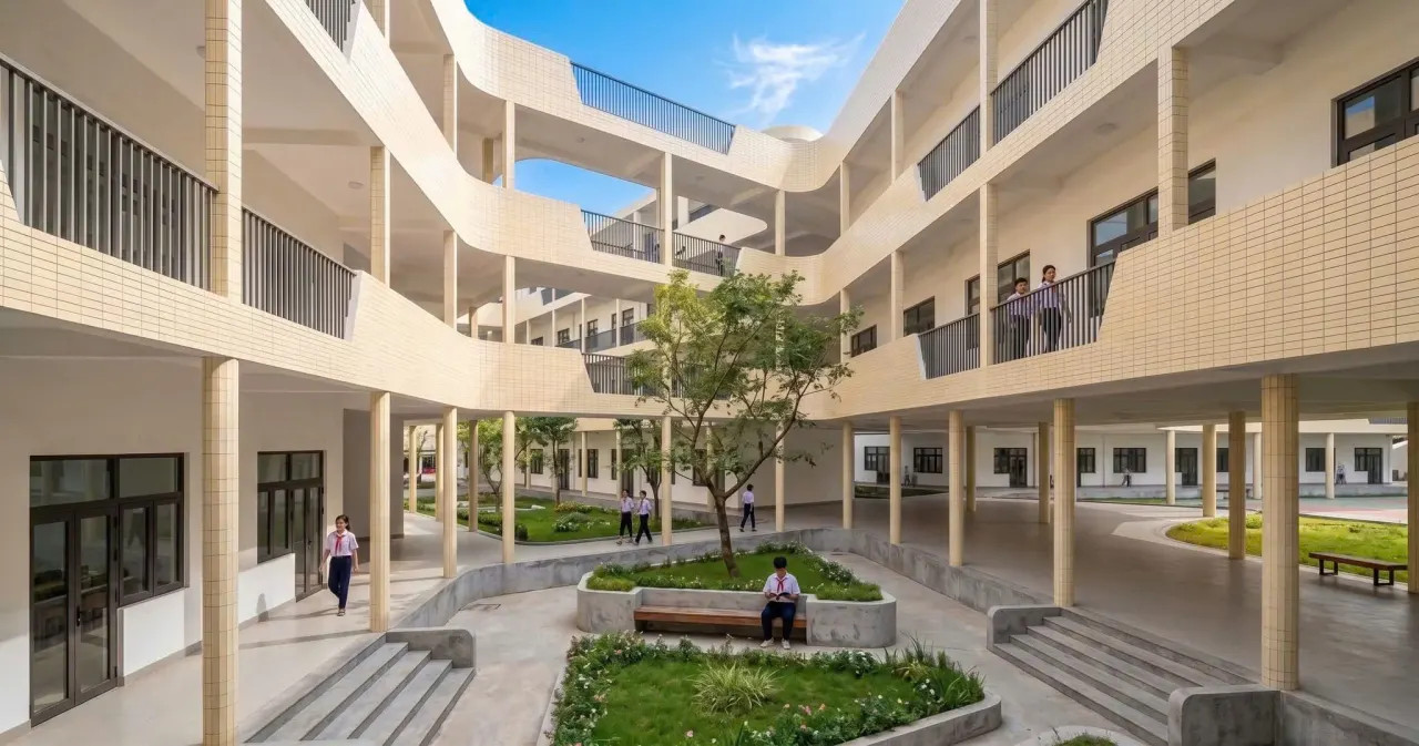 Phối cảnh sân trong và hành lang bo cong của công trình trường học tại khu vực Sun Neo City, Hòa Xuân