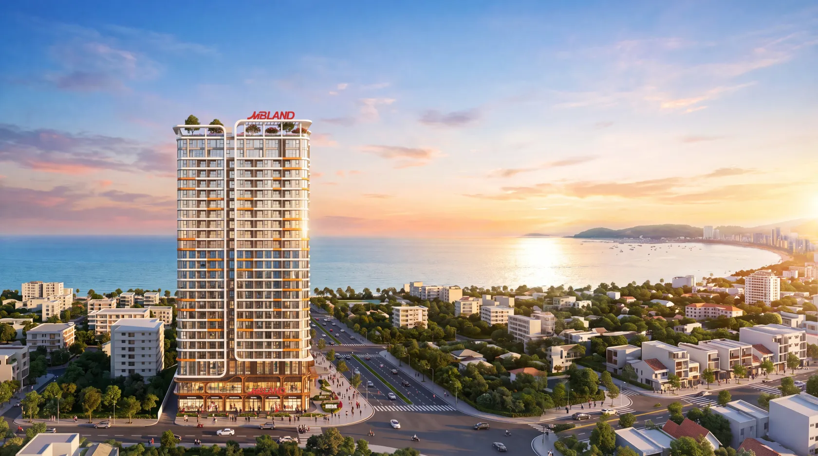 Phối cảnh The Camellia Sơn Trà nhìn từ hướng biển, logo MBLAND trên nóc tòa tháp